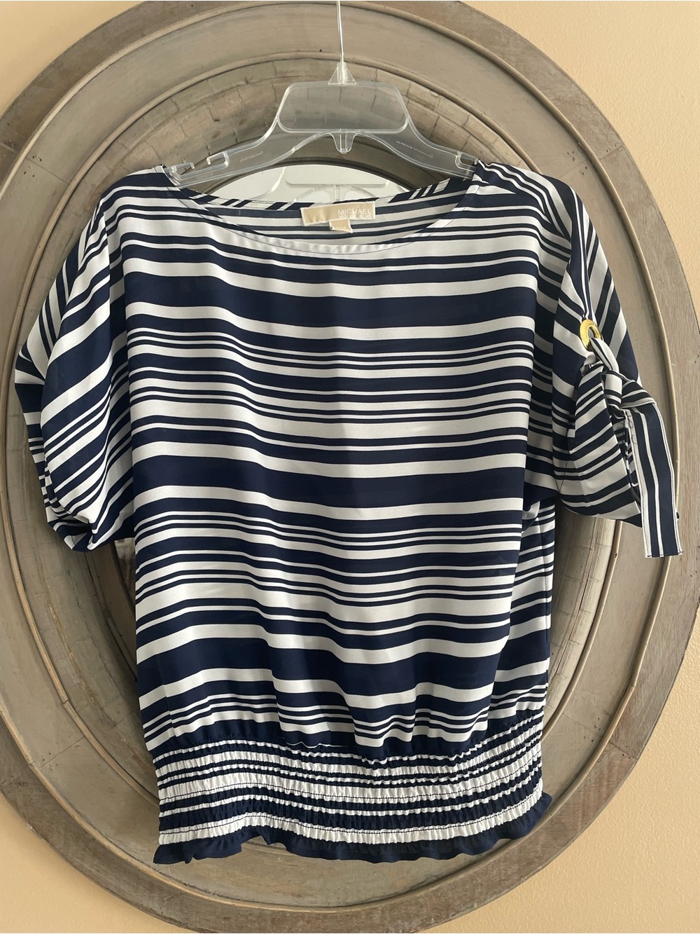 Michael Kors Navy and White Striped Boatneck Blouse. Detailed sleeves.